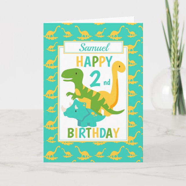 Tarjeta Niños Dinosaurio 2 cumpleaños Azul (Anverso)