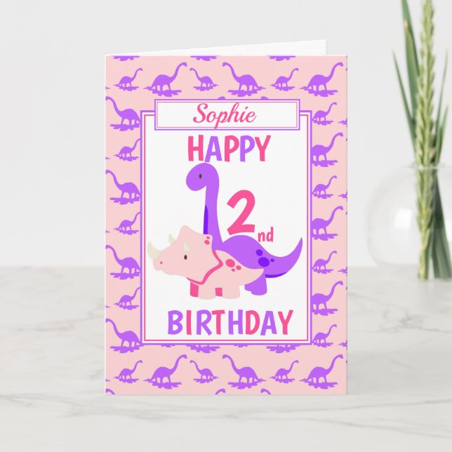Tarjeta Niños Dinosaurios 2.º cumpleaños Rosa (Anverso)
