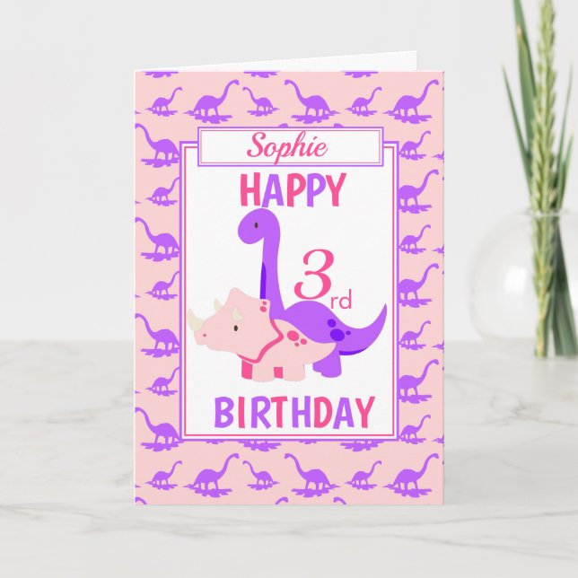 Tarjeta Niños dinosaurios 3 cumpleaños rosado (Anverso)