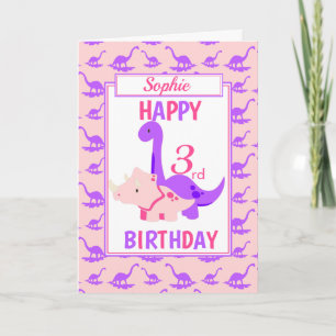 Tarjeta Niños dinosaurios 3 cumpleaños rosado