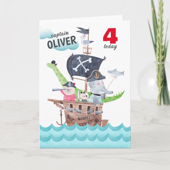 Tarjeta Niños divertidos Piratas Animales Cumpleaños Salud (Anverso)