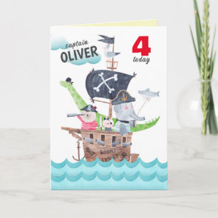 Tarjeta Niños divertidos Piratas Animales Cumpleaños Salud