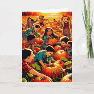 Tarjeta Niños divirtiéndose en la granja de calabazas de H