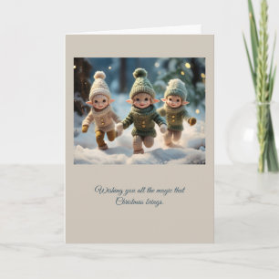 Tarjeta Niños duendes corriendo en la nieve Texto personal
