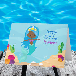 Tarjeta Niños felices cumpleaños de la sirena afroamerican