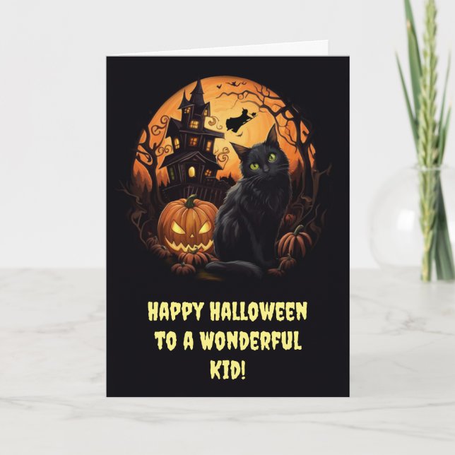 Tarjeta Niños felices Halloween con calabazas de gatos neg (Anverso)