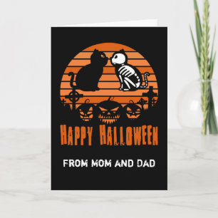 Tarjeta Niños Felices Halloween Skeleton Cat Retro Sunset