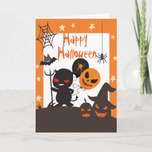 Tarjeta Niños Feliz Halloween Naranja Negro