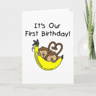 Tarjeta Niños gemelos primer cumpleaños camisetas de mono 