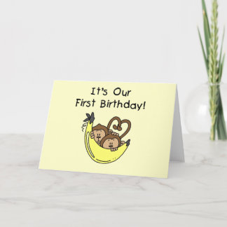 Tarjeta Niños gemelos primer cumpleaños camisetas de mono 