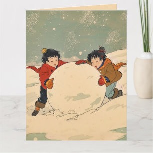 Tarjeta Niños japoneses rodando una gran bola de nieve