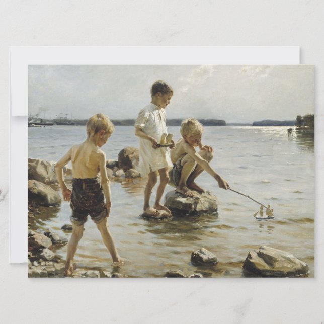 Tarjeta Niños jugando en la costa (por Albert Edelfelt) (Anverso)