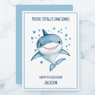 Tarjeta Niños Lindos Cumpleaños 4 Tiburón Azul Personaliza