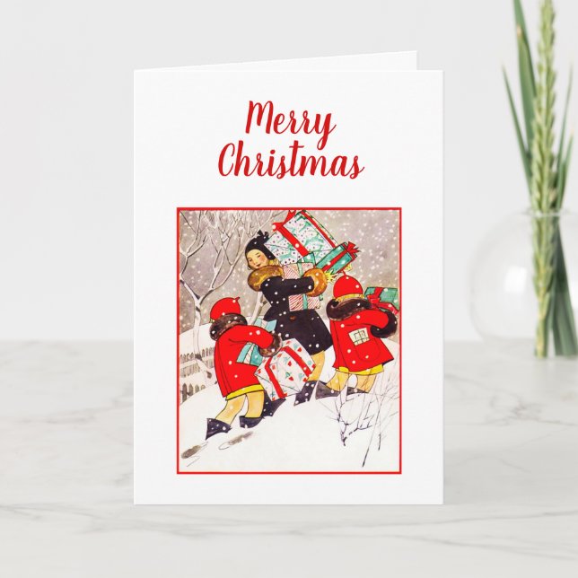 Tarjeta Niños luchando con regalos de Navidad en Sno (Anverso)