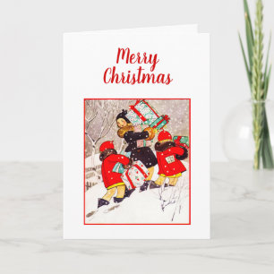 Tarjeta Niños luchando con regalos de Navidad en Sno