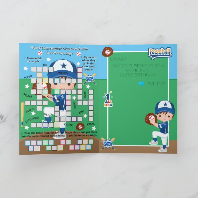 Tarjeta Niños mensaje secreto de béisbol Feliz cumpleaños (Interior)