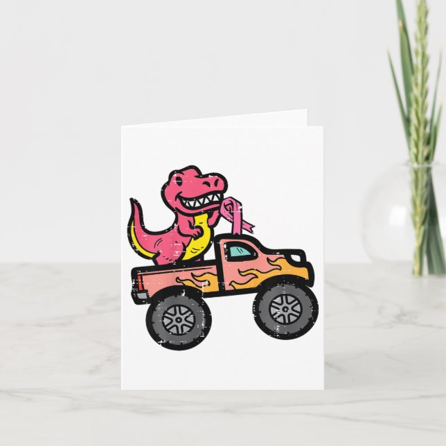 Tarjeta Niños Monstruo de Dino Rosado Camión Cáncer de Mam (Anverso)