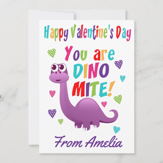 Tarjeta Niños morados Dinosaurio Dinomita Día de San Valen (Anverso)