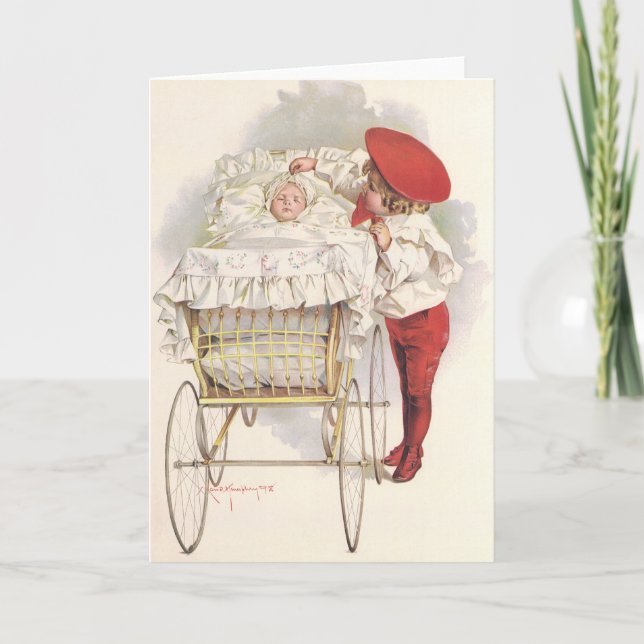 Tarjeta Niños, niños y bebés victorianos de época en Pram (Anverso)