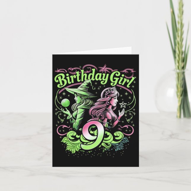 Tarjeta Niños Novena Bruja De Cumpleaños Rosa Y Verde De 9 (Anverso)