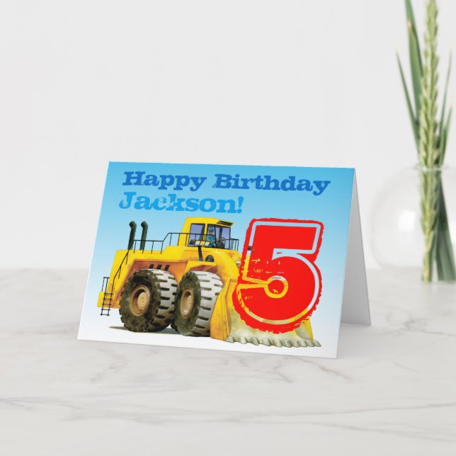 Tarjeta Niños Personalizados Construcción Digger 5º cumple (Anverso)
