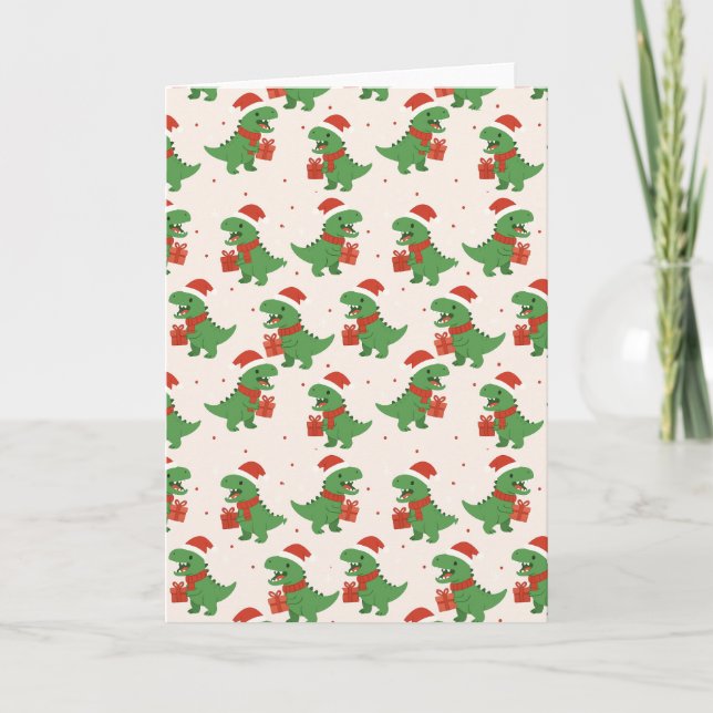Tarjeta Niños retro curados en Navidad de tipo T-Rex (Anverso)
