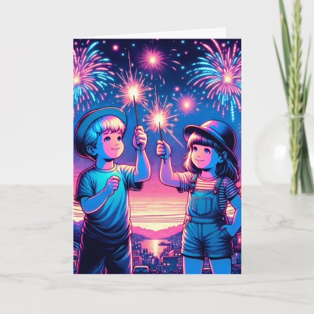 Tarjeta Niños sosteniendo fuegos artificiales el 4 de juli (Anverso)