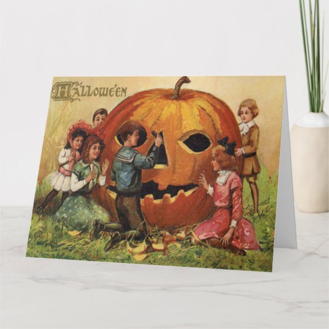 Tarjeta Niños tallando calabaza Jack O Lantern (Anverso)