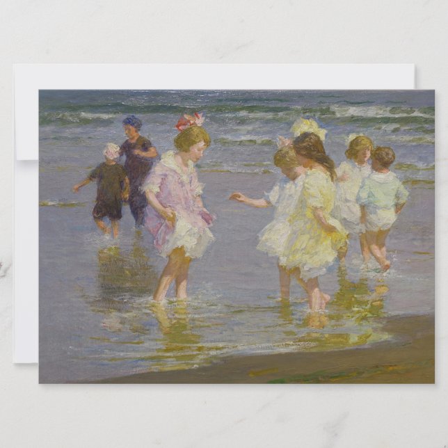 Tarjeta Niños vadeando en la playa (por E.H. Potthast) (Anverso)