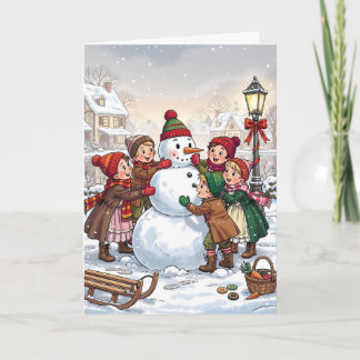 Tarjeta Niños victorianos construyen un muñeco de nieve