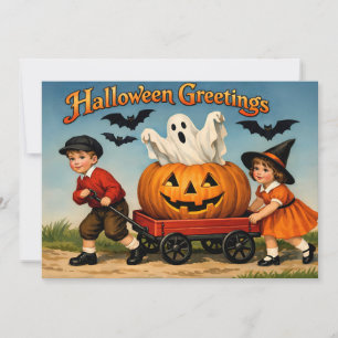 Tarjeta Niños vintage de Halloween, fantasma, calabaza
