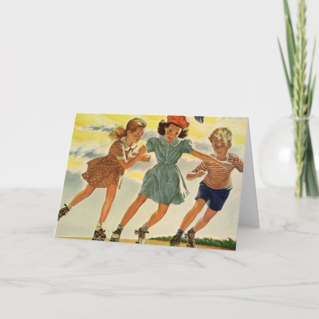 Tarjeta Niños y Chicas divertidos con el patinaje sobre pa (Anverso)