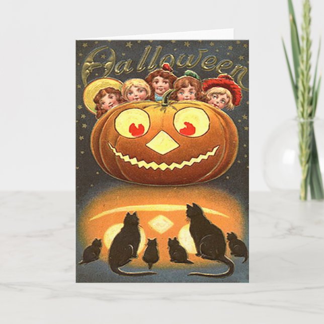 Tarjeta Niños y gatos de Halloween de época (Anverso)