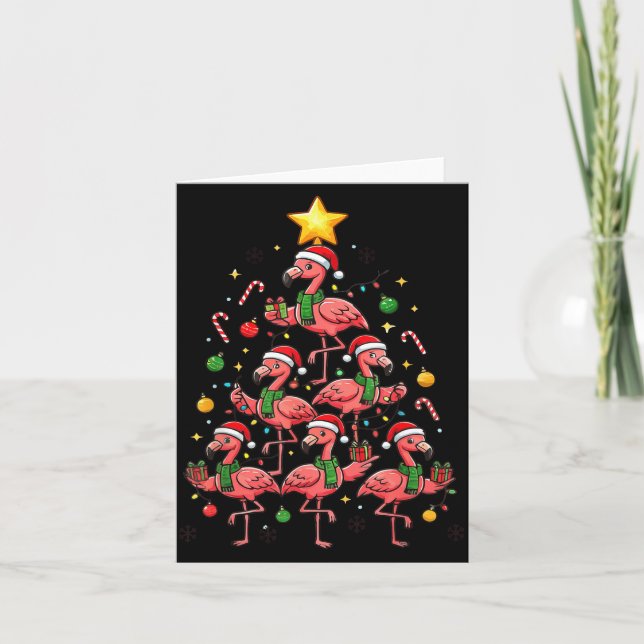 Tarjeta Nk Flamingo Christmas Tree With Santa Hats &amp; H (Anverso)
