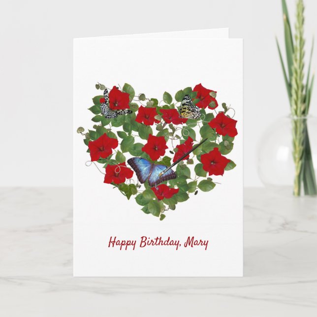 Tarjeta Nóbel de petunia roja y mariposa con nombre (Anverso)