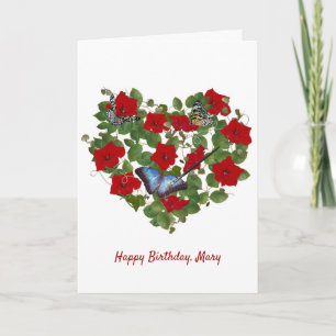 Tarjeta Nóbel de petunia roja y mariposa con nombre
