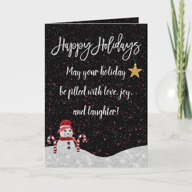 Tarjeta Noche Cute White Red Snowman Sky Purpurinas (Anverso)