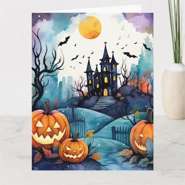 Tarjeta Noche de Halloween Jack O’Lanterns Bats Moon Ghost (Anverso)