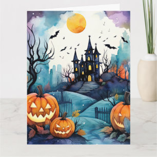 Tarjeta Noche de Halloween Jack O’Lanterns Bats Moon Ghost