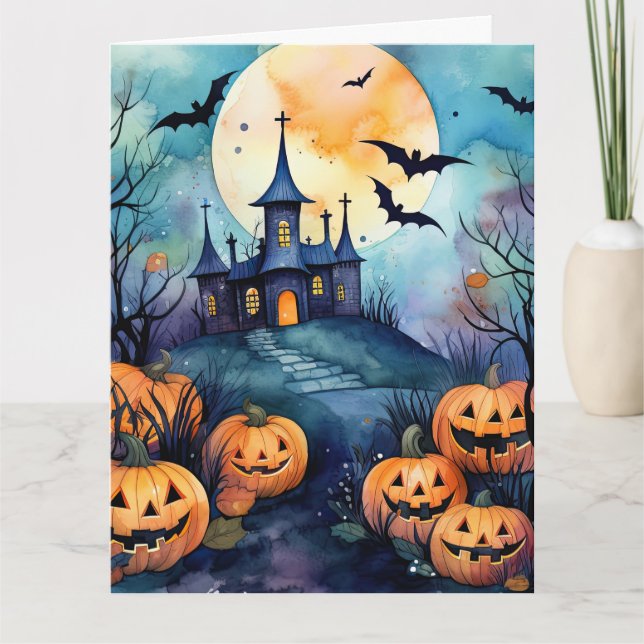 Tarjeta Noche de Halloween Luna llena Jack O’Lanterns Bats (Anverso)