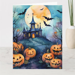 Tarjeta Noche de Halloween Luna llena Jack O’Lanterns Bats