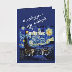 Tarjeta Noche Estrellada Amantes de Gatos Festivo Navidad