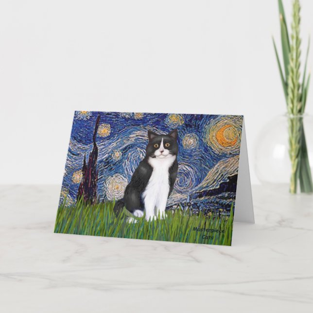 Tarjeta Noche estrellada - Gato blanco y negro (Anverso)