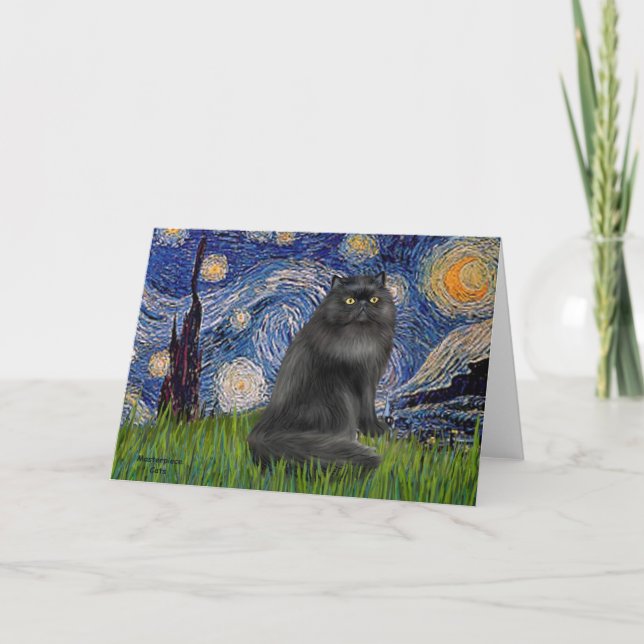 Tarjeta Noche estrellada - gato persa negro (Anverso)