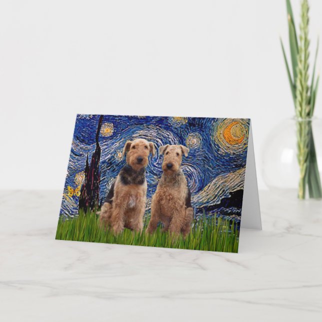 Tarjeta Noche estrellada - Terriers Airedale (dos) (Anverso)