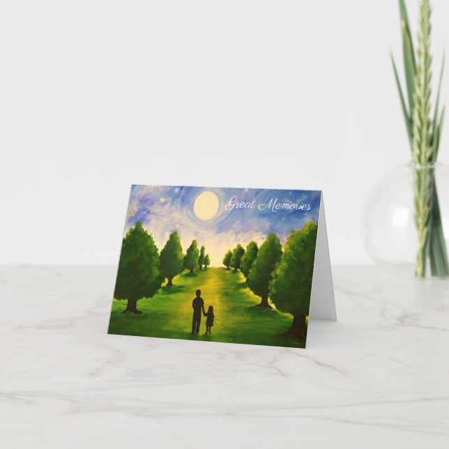 Tarjeta Noche moderna iluminada con árboles caminando con  (Anverso)