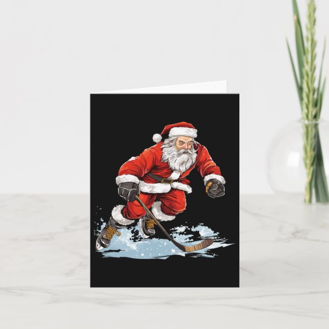 Tarjeta Noche navideño divertido Santa jugando al hockey s (Anverso)