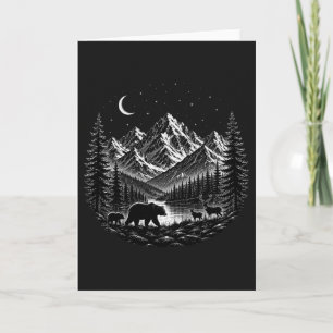 Tarjeta Noche Salvaje de Montaña Mística Estilo Linocut