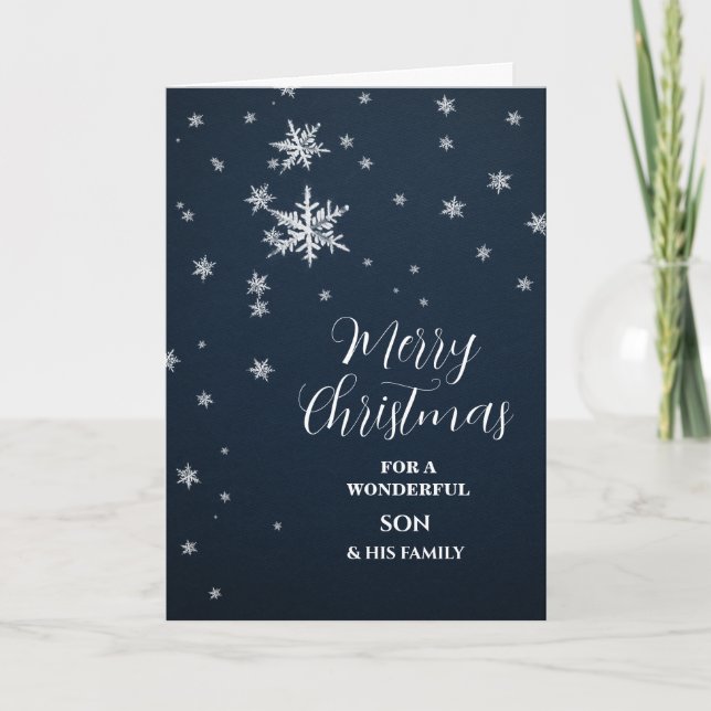 Tarjeta Nochebuena del hijo de la nieve moderna y de la fa (Anverso)