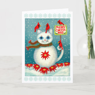 Tarjeta Nochebuena Gato de Nieve Cardenal Pájaro Muñeco de